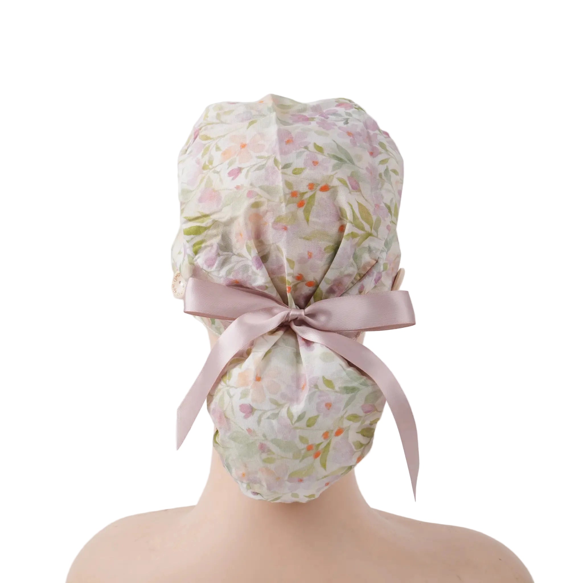 Cream Floral Ponytail Scrub Cap