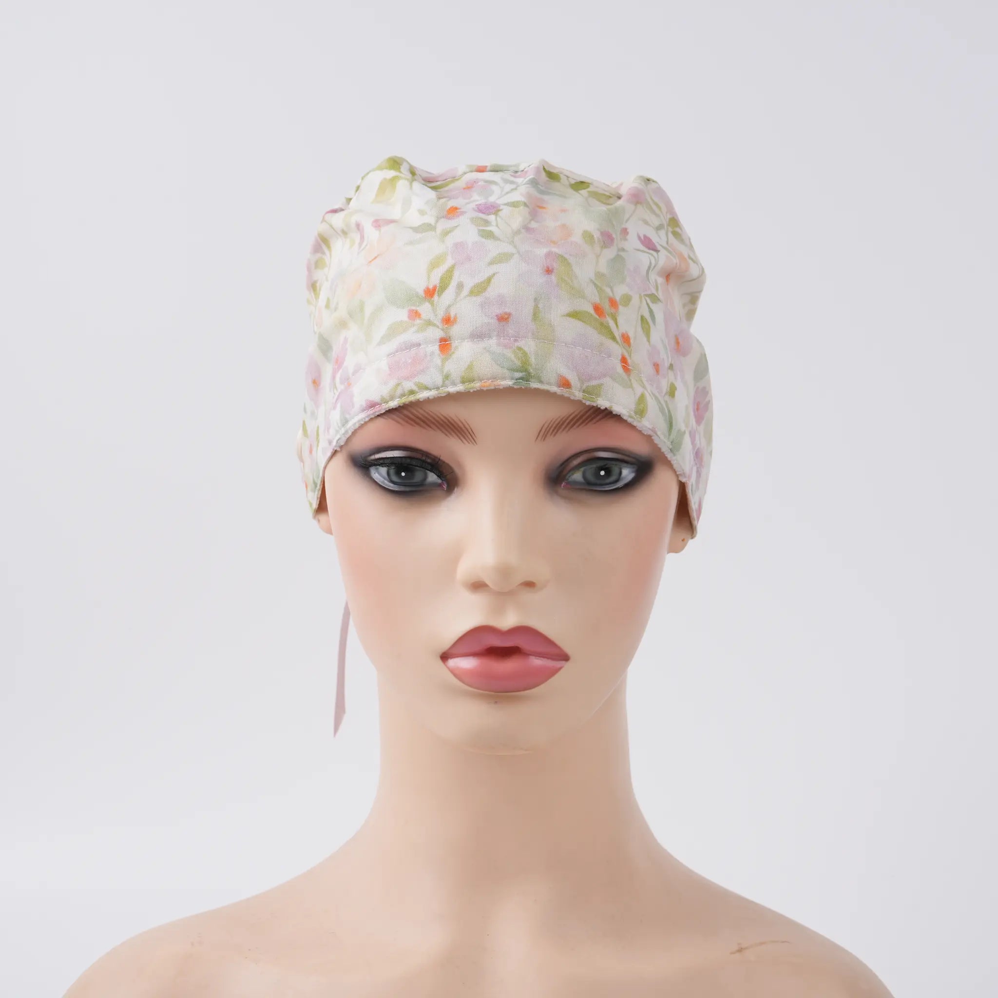 Cream Floral Ponytail Scrub Cap