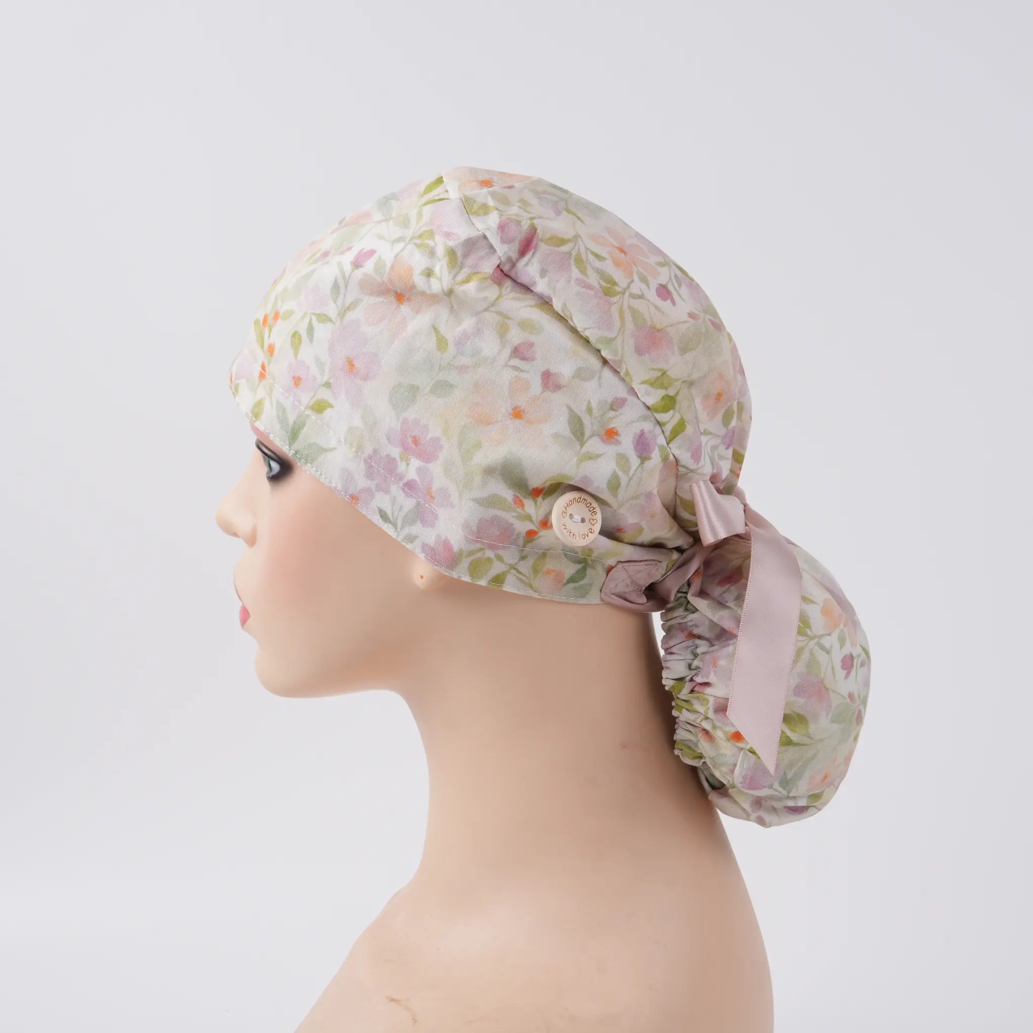 Cream Floral Ponytail Scrub Cap