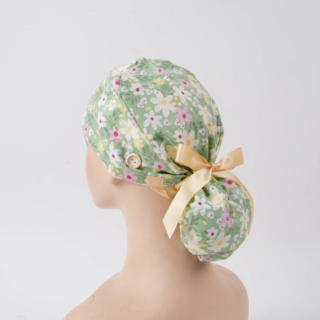 Sage Green Daisy Ponytail Scrub Cap
