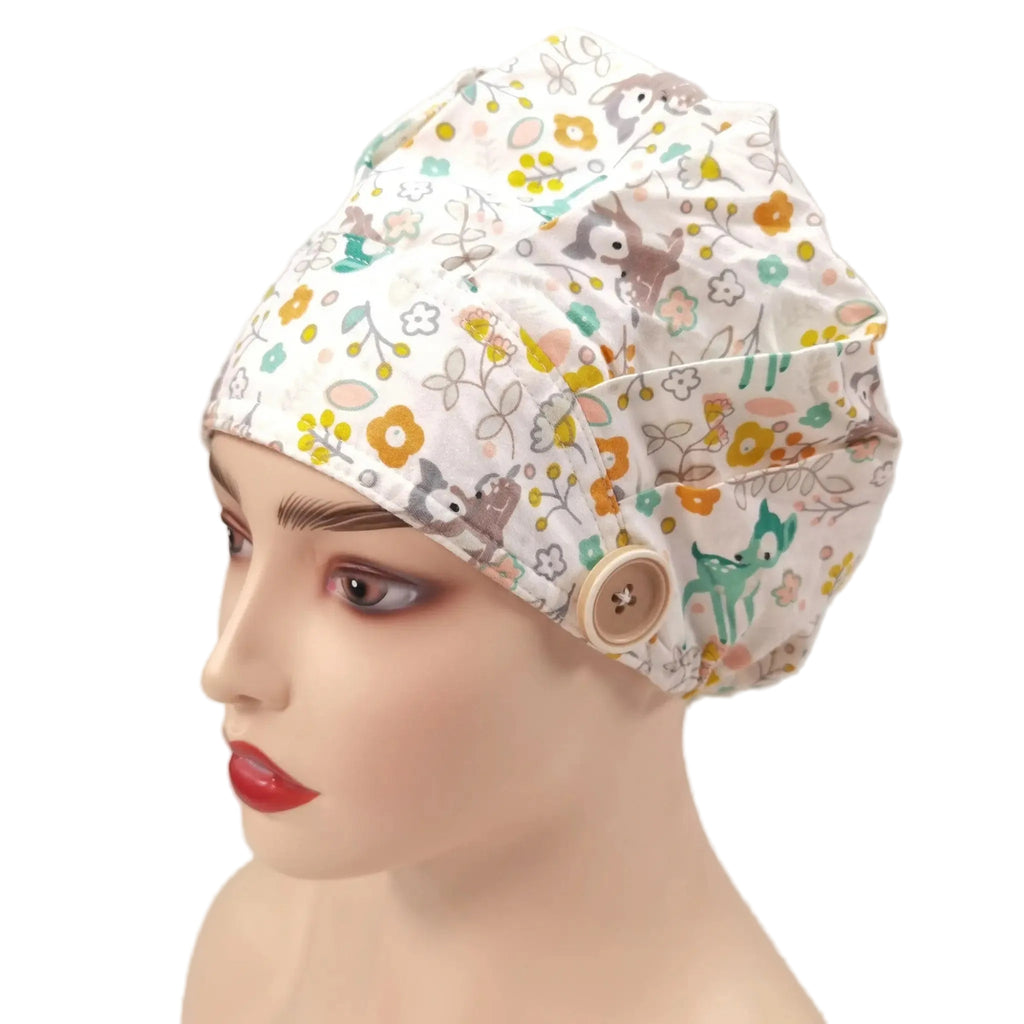 deer flowers bouffant scrub cap right front view displayed on a female mannequin head 