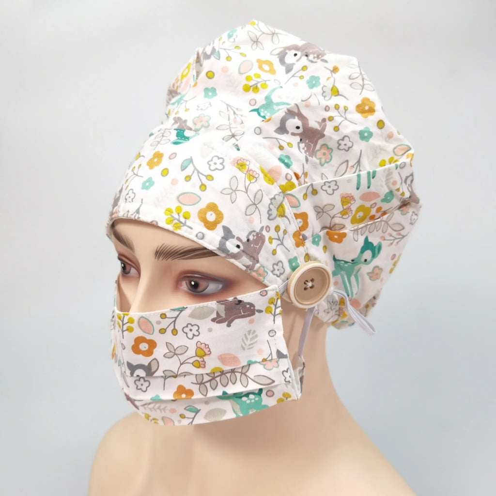 Sika Deer & Flowers Bouffant Scrub Cap