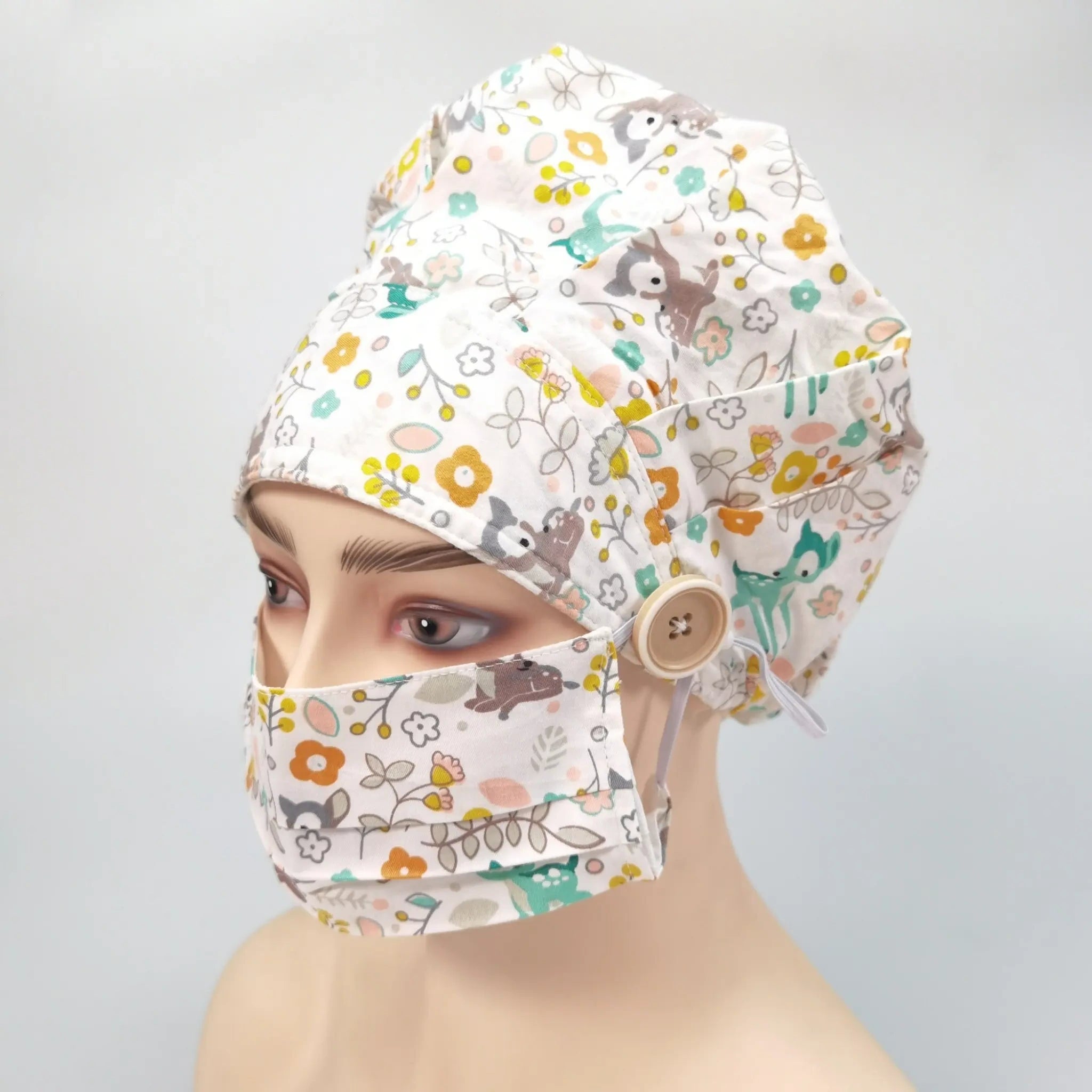 Sika Deer & Flowers Bouffant Scrub Cap