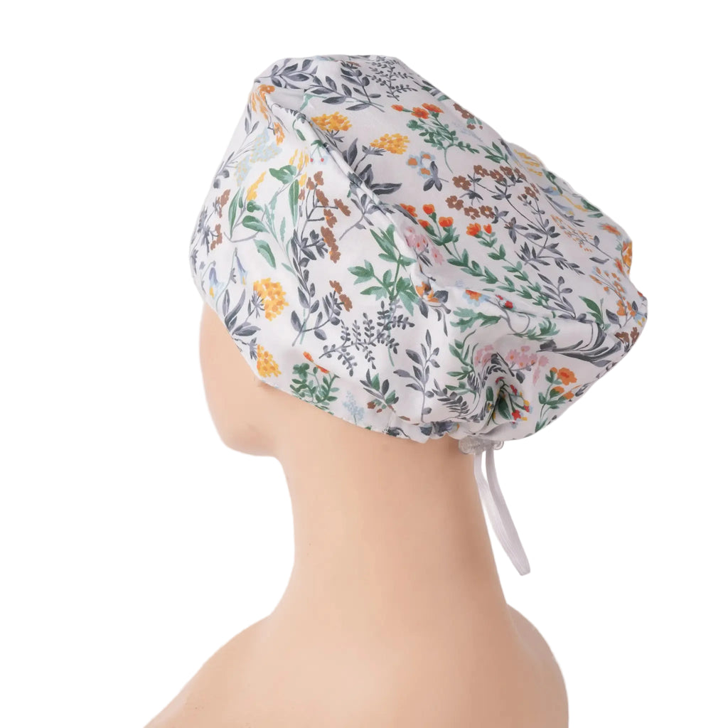 White green botanical print euro scrub cap, side-back view on mannequin