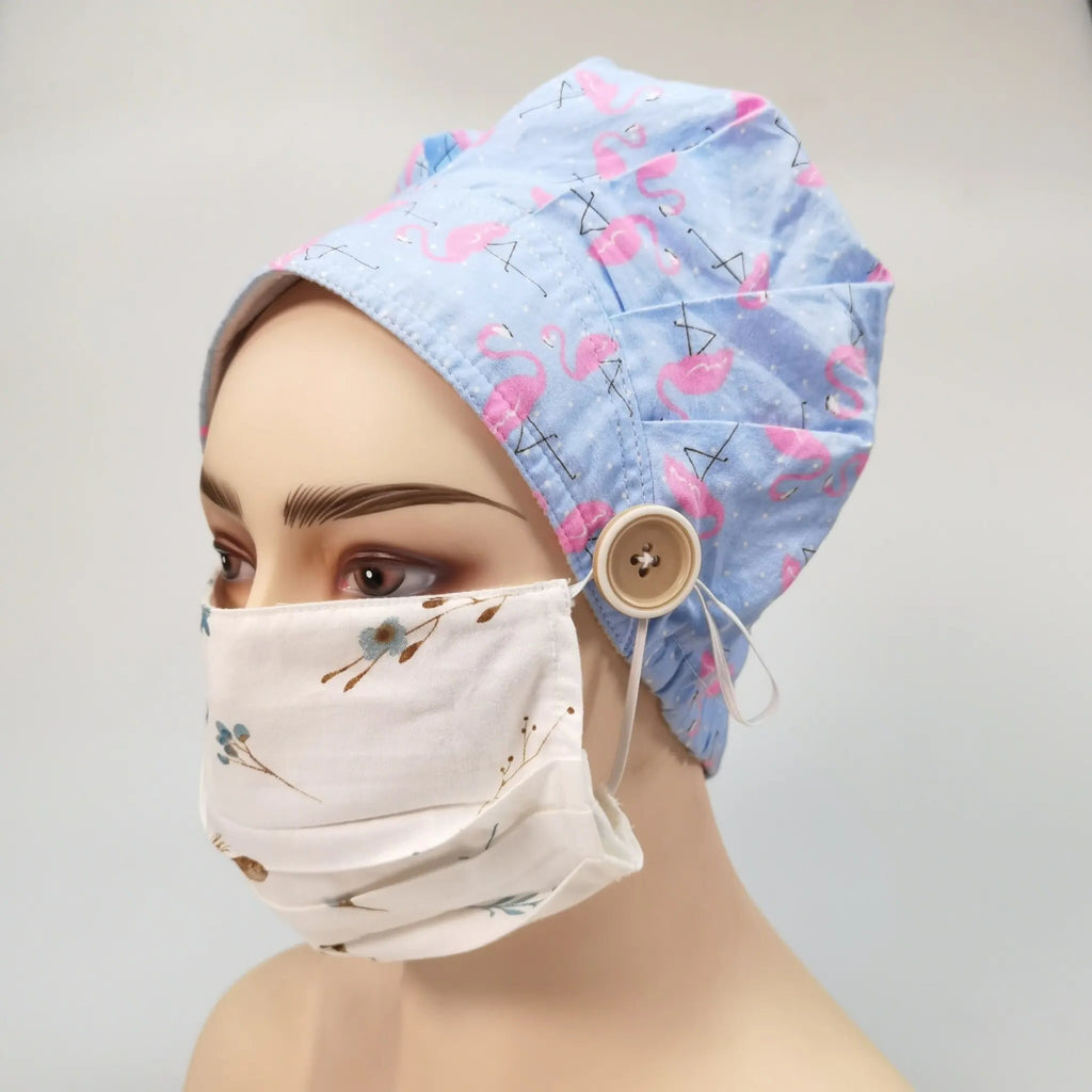 Blue Pink Flamingo Bouffant Scrub Cap