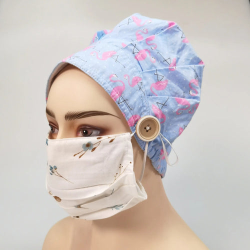 Blue Pink Flamingo Bouffant Scrub Cap