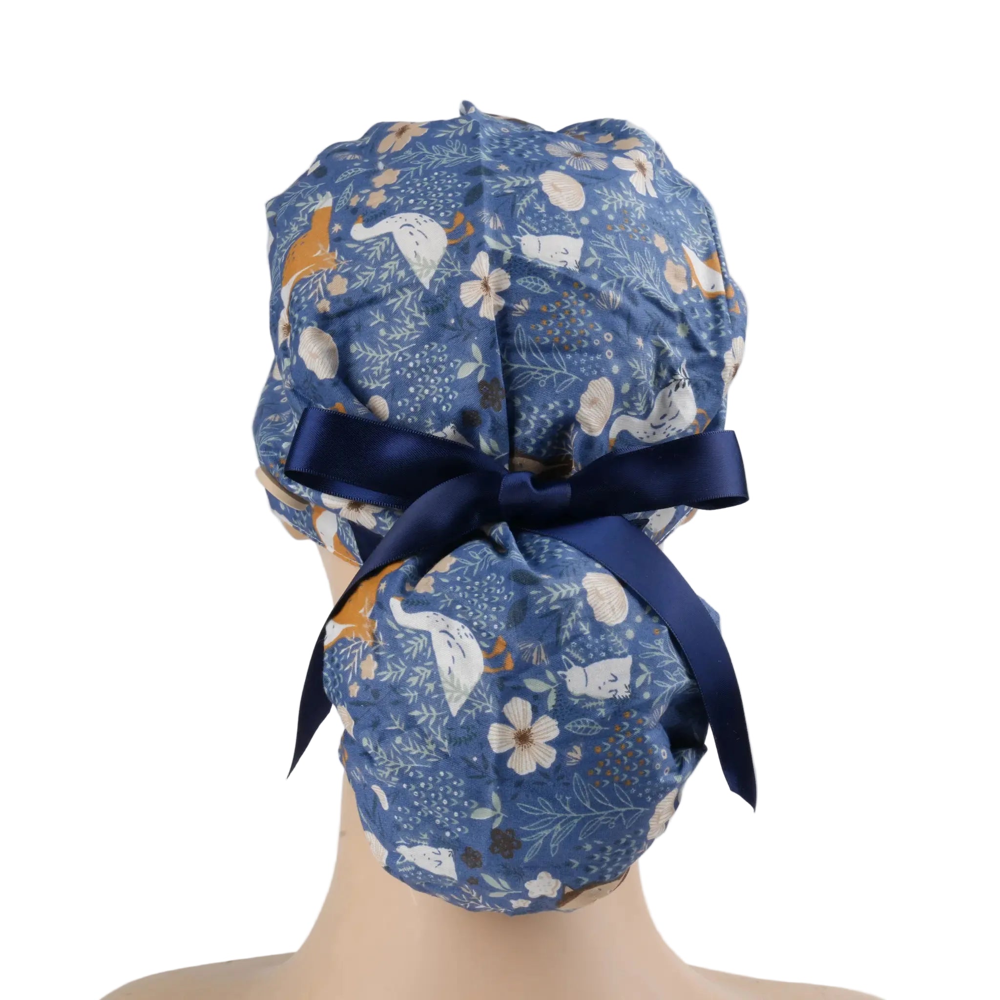 Floral & Animals Navy Ponytail Scrub Cap