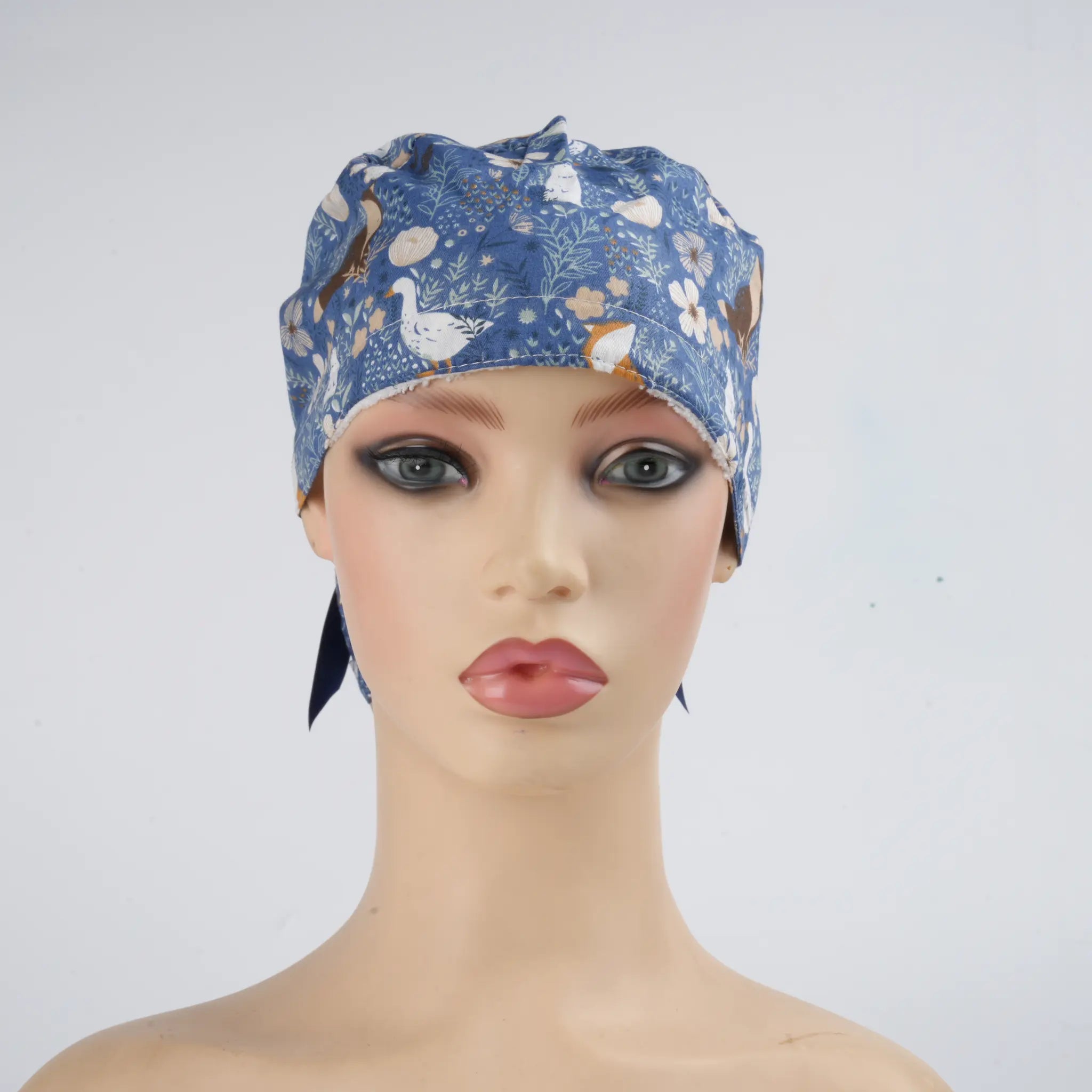 Floral & Animals Navy Ponytail Scrub Cap