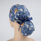 Floral & Animals Navy Ponytail Scrub Cap