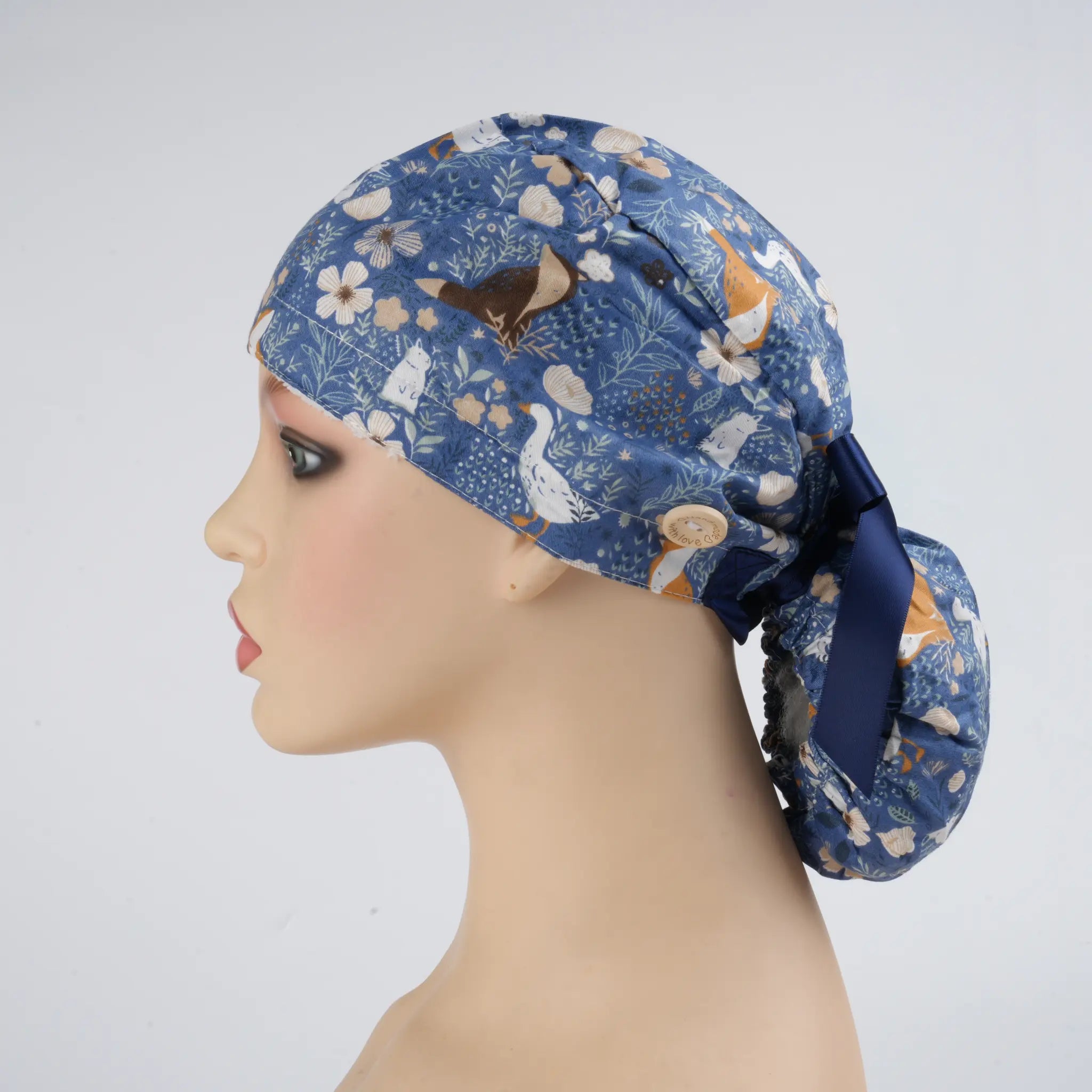 Floral & Animals Navy Ponytail Scrub Cap