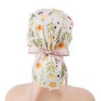 Beige Floral Ponytail Scrub Cap