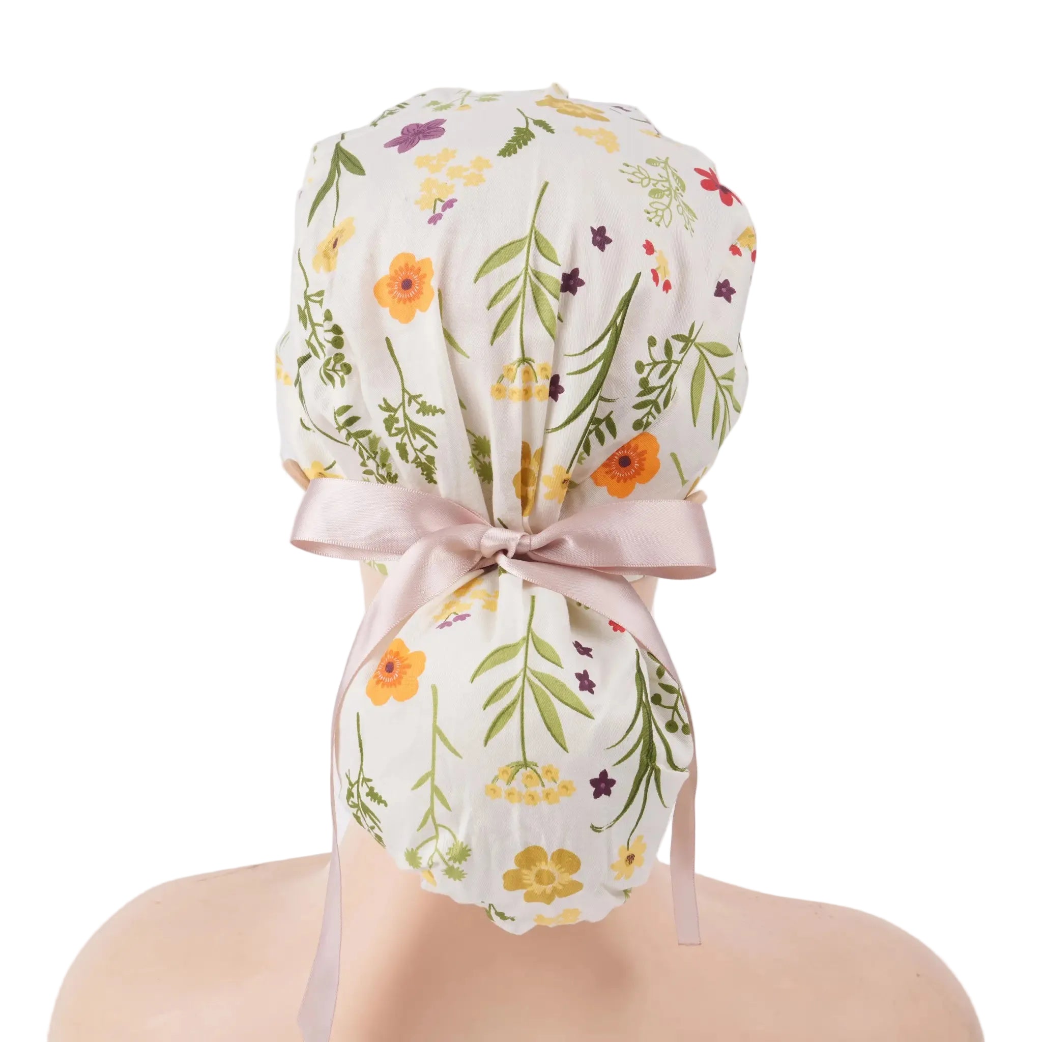 Beige Floral Ponytail Scrub Cap