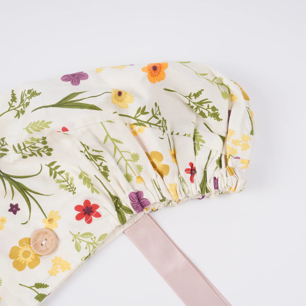 Beige Floral Ponytail Scrub Cap
