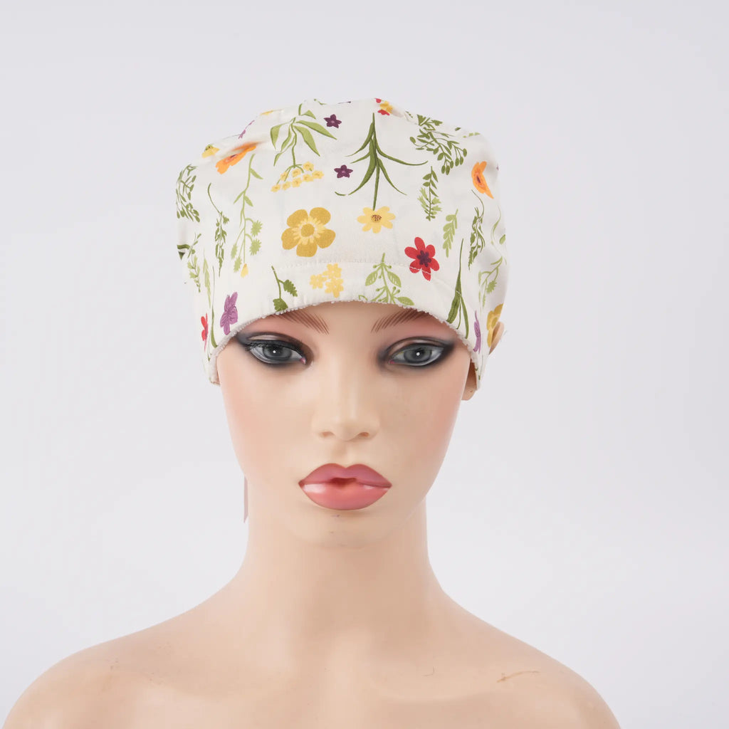 Beige Floral Ponytail Scrub Cap
