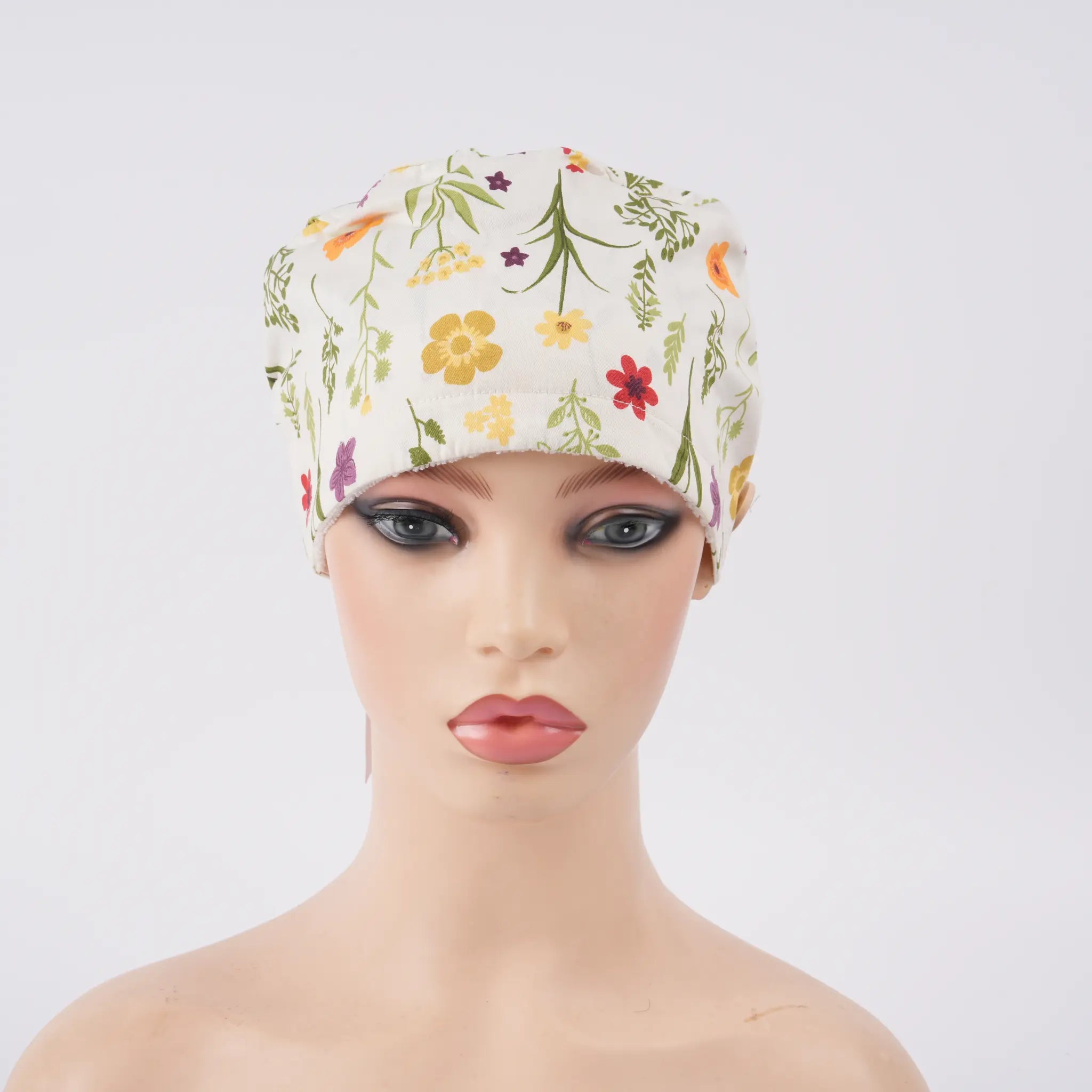 Beige Floral Ponytail Scrub Cap