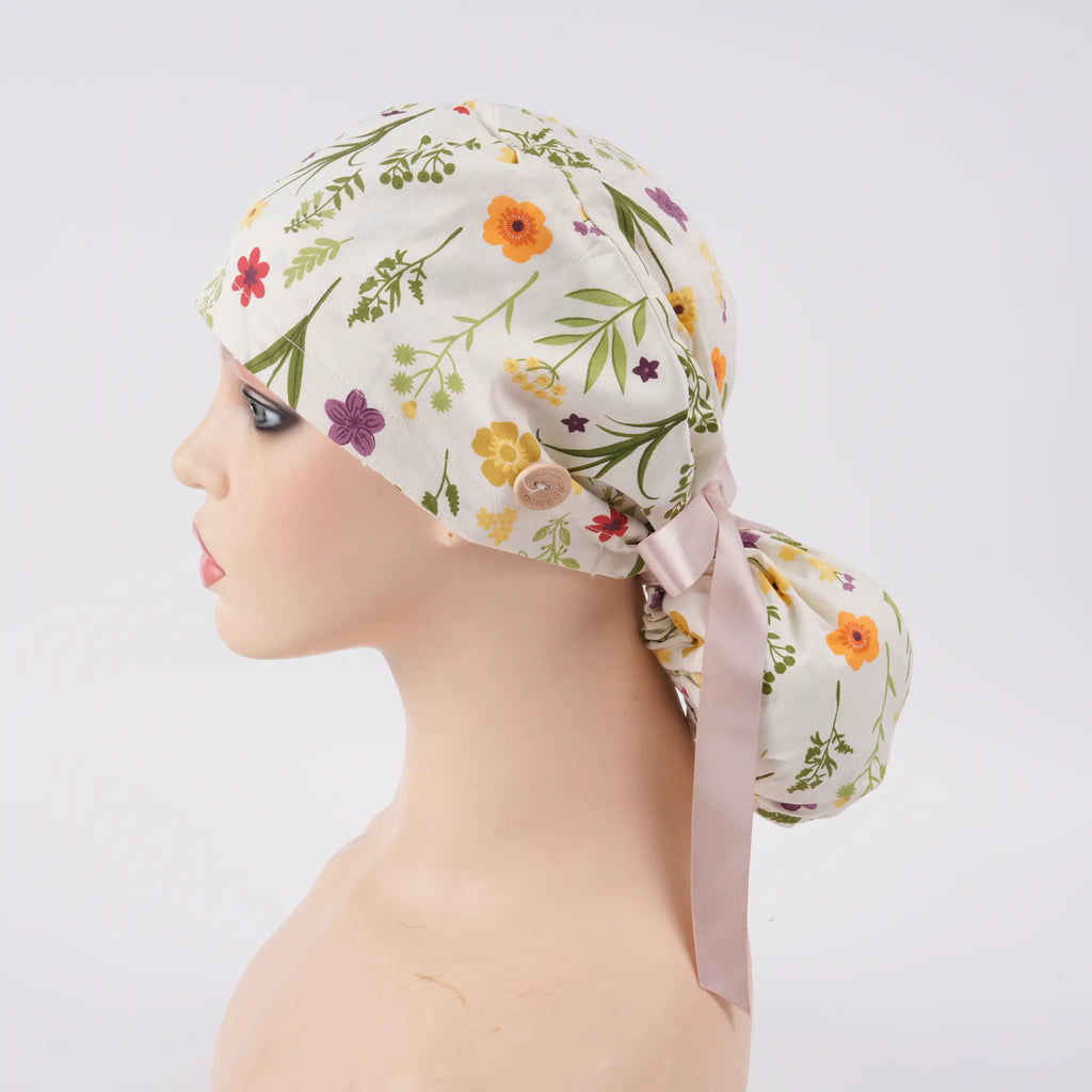 Beige Floral Ponytail Scrub Cap