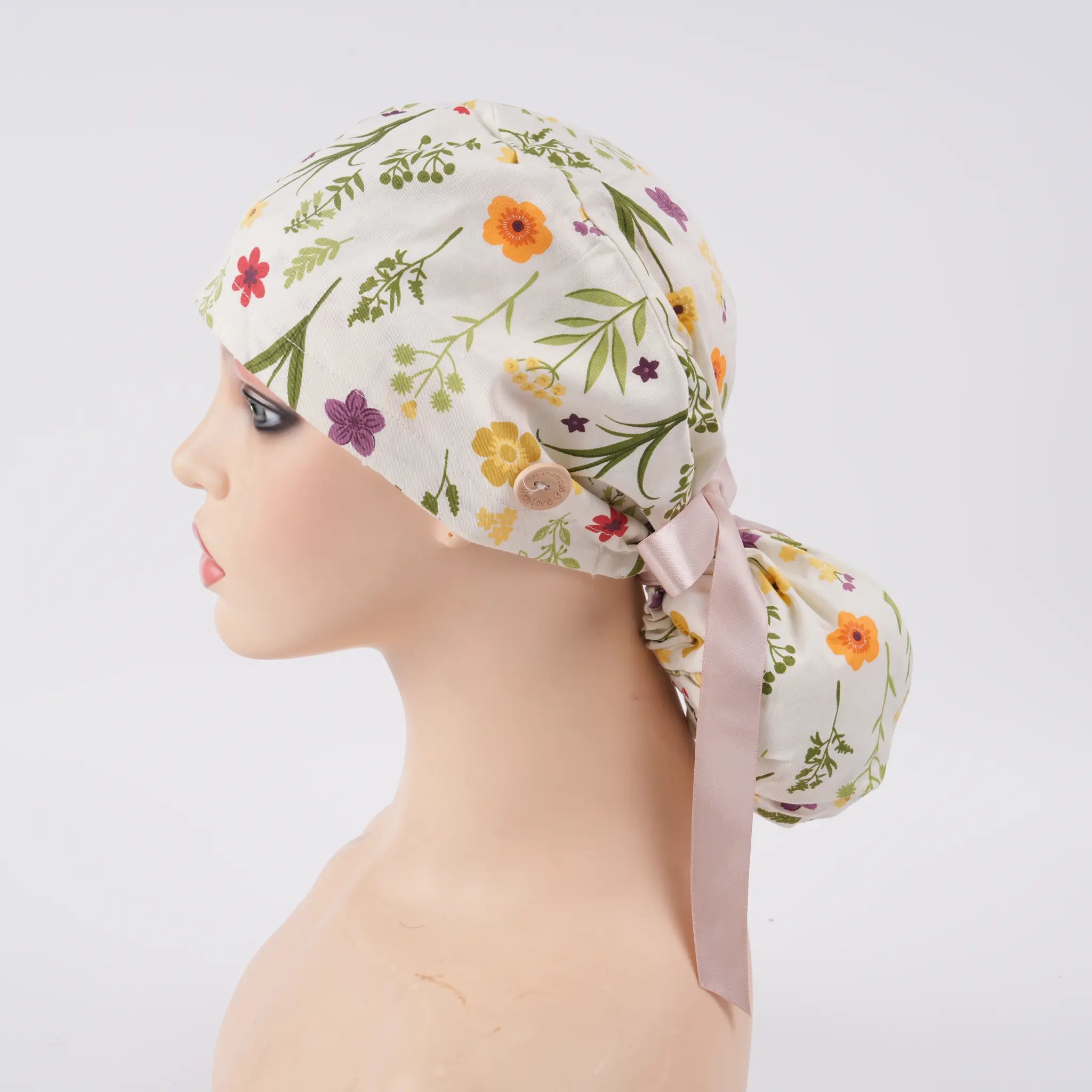 Beige Floral Ponytail Scrub Cap
