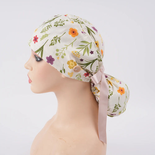 Beige Floral Ponytail Scrub Cap