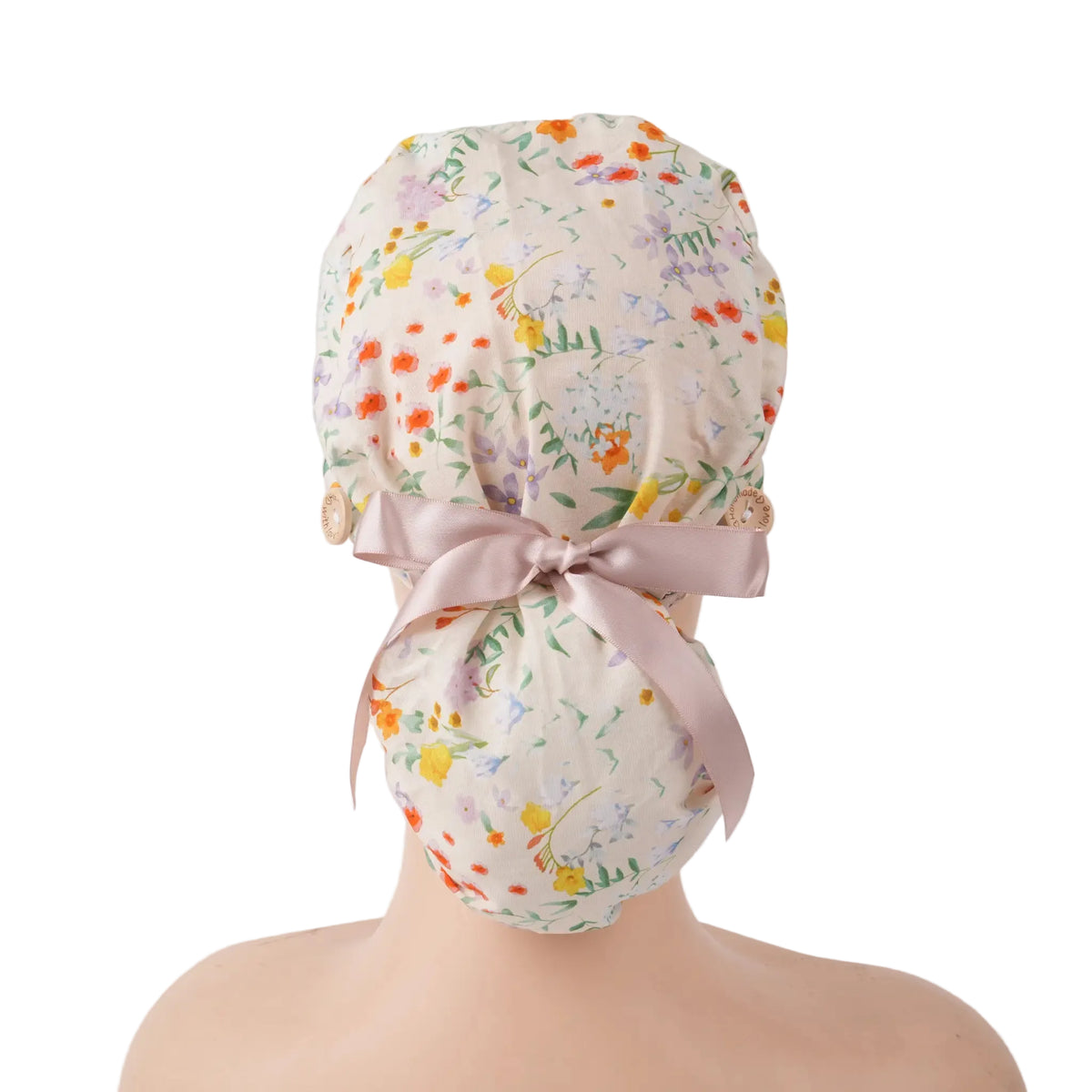 Beige Cottagecore Floral Ponytail Scrub Cap