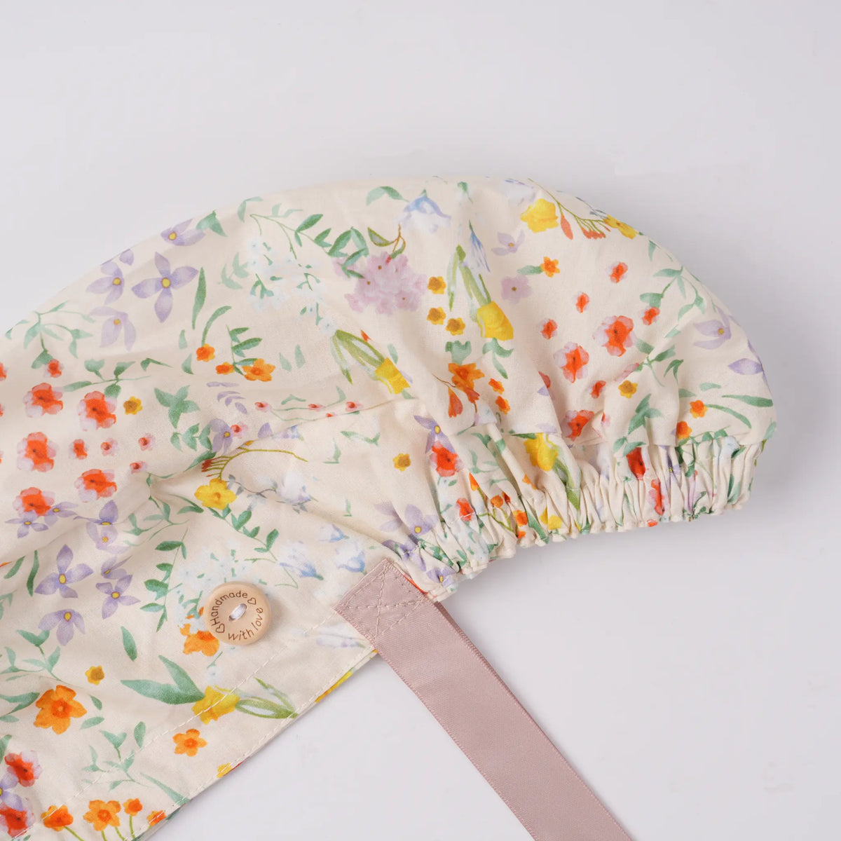 Beige Cottagecore Floral Ponytail Scrub Cap