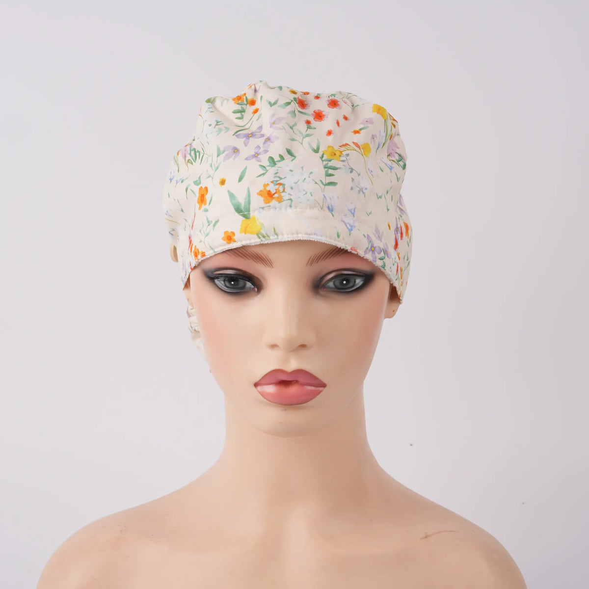Beige Cottagecore Floral Ponytail Scrub Cap