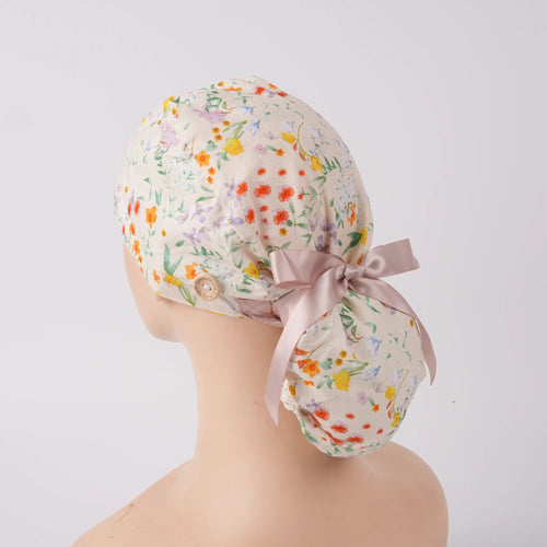 Beige Cottagecore Floral Ponytail Scrub Cap