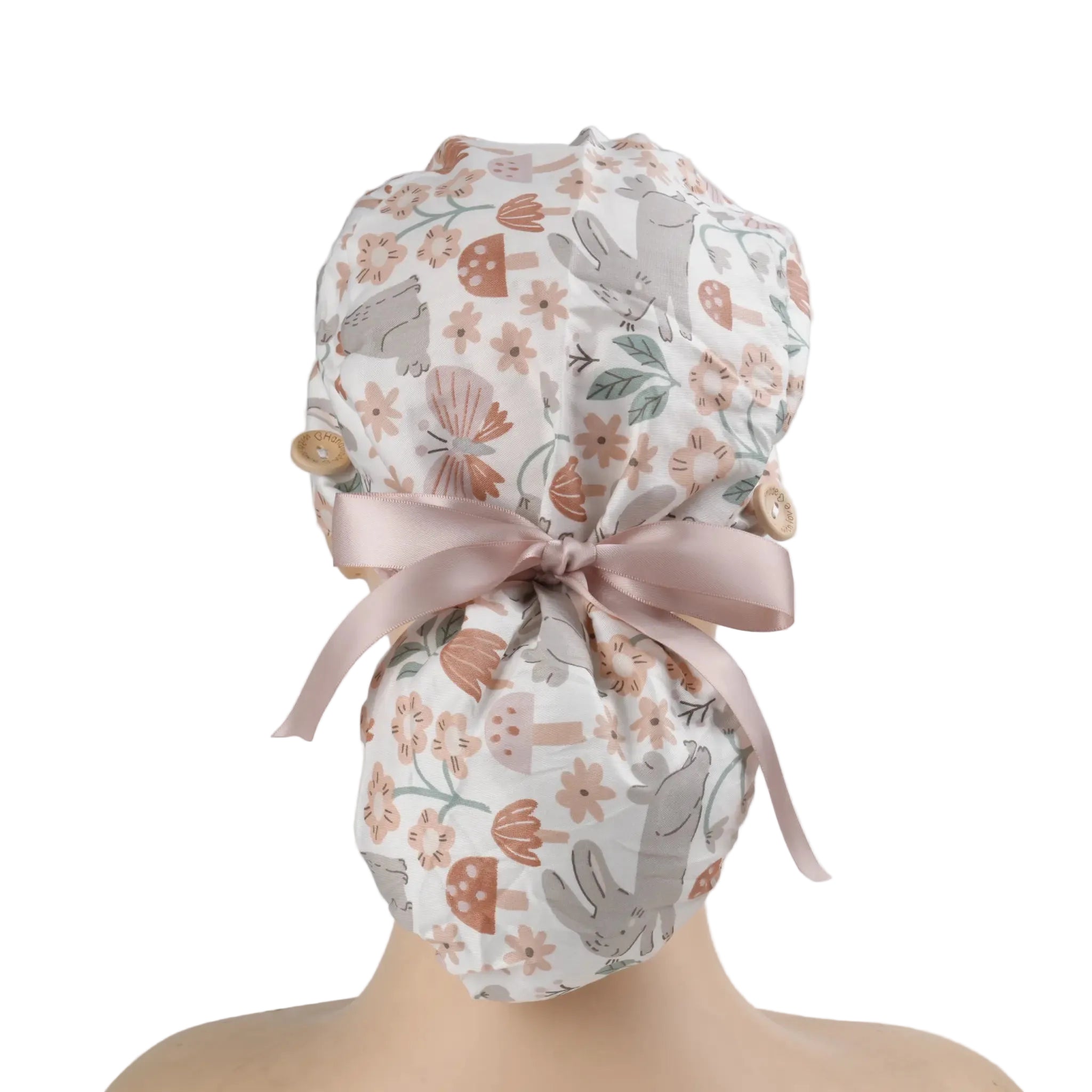 Gray Bunny & Floral Ponytail Scrub Cap