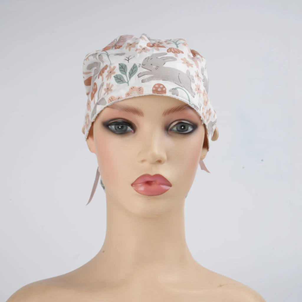 Gray Bunny & Floral Ponytail Scrub Cap