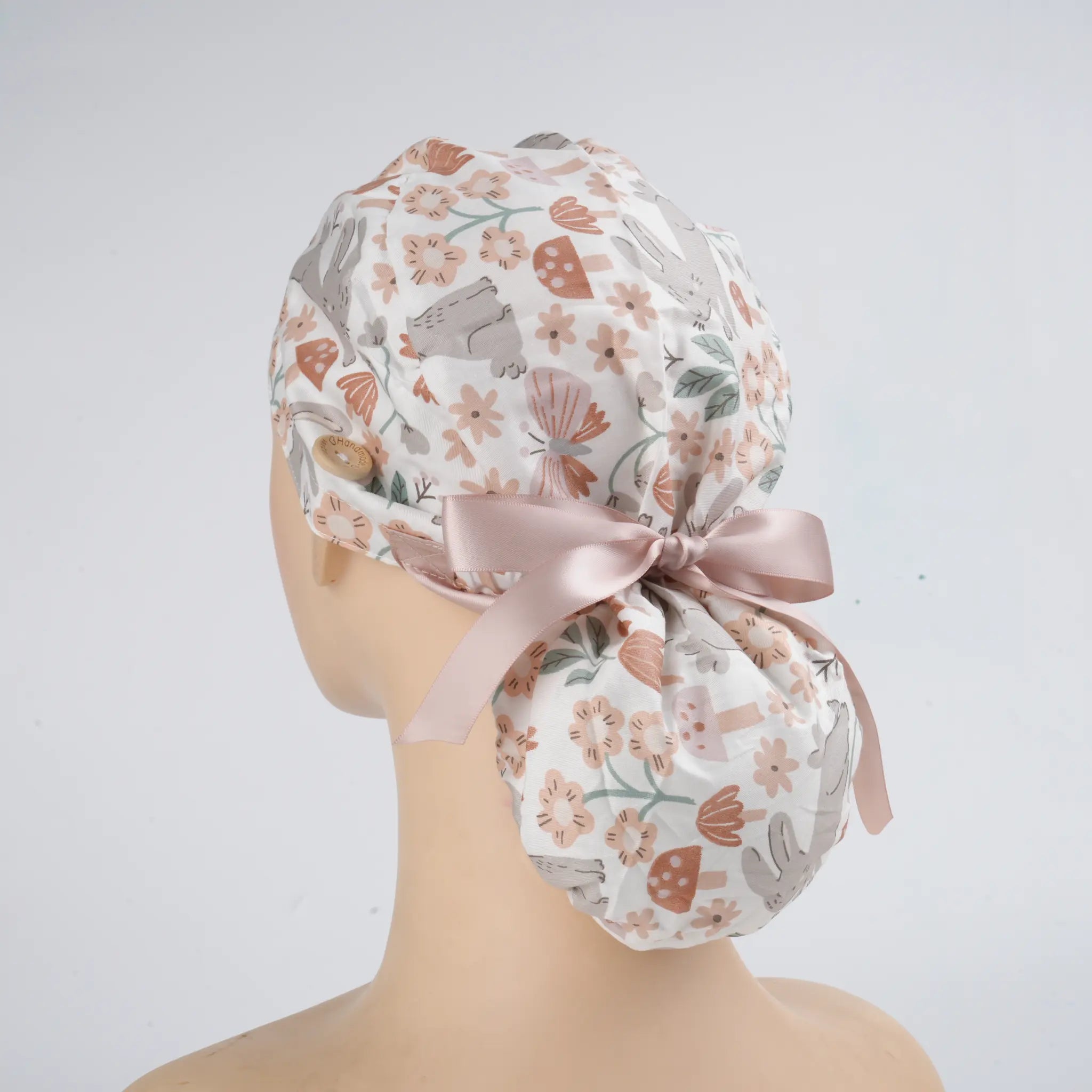Gray Bunny & Floral Ponytail Scrub Cap