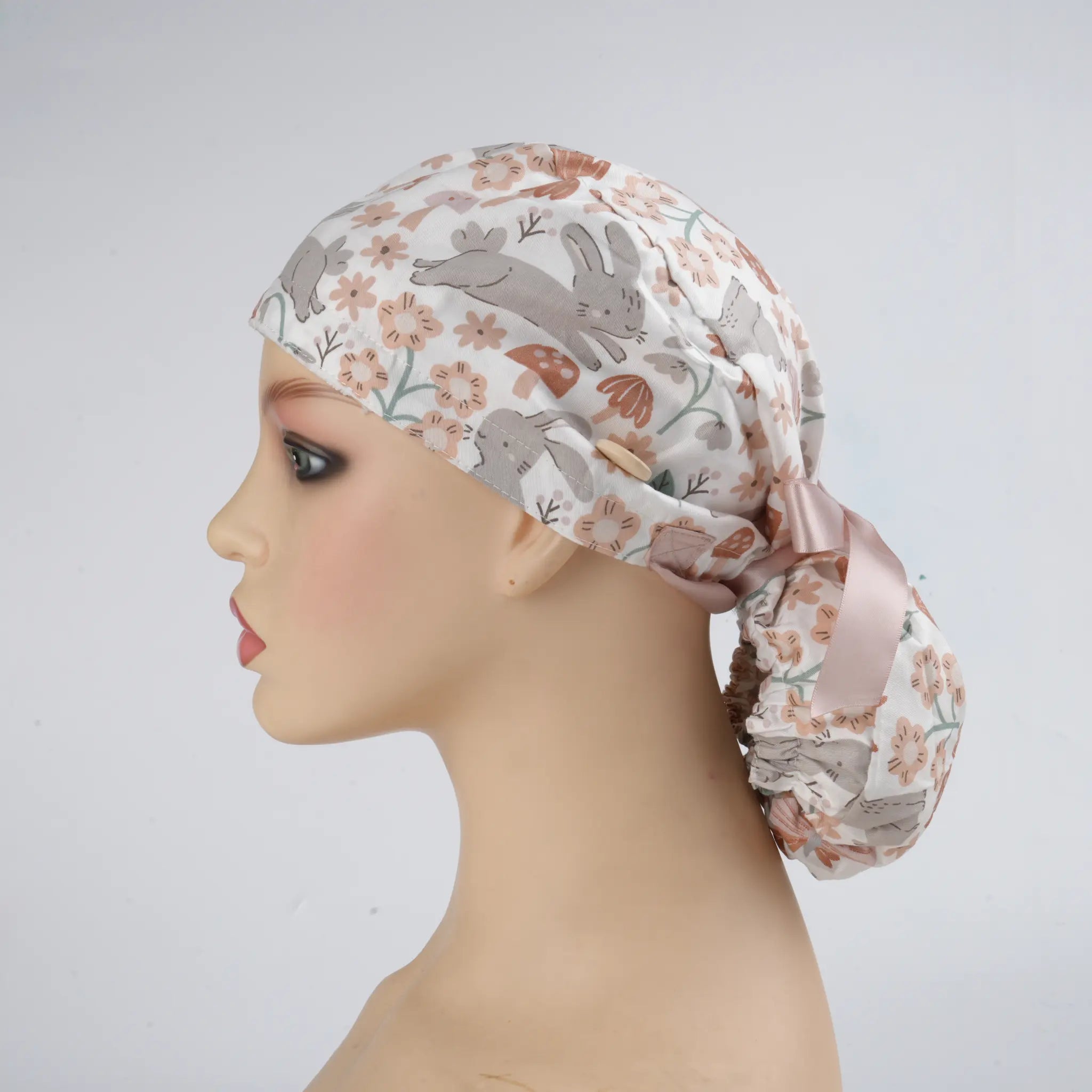 Gray Bunny & Floral Ponytail Scrub Cap