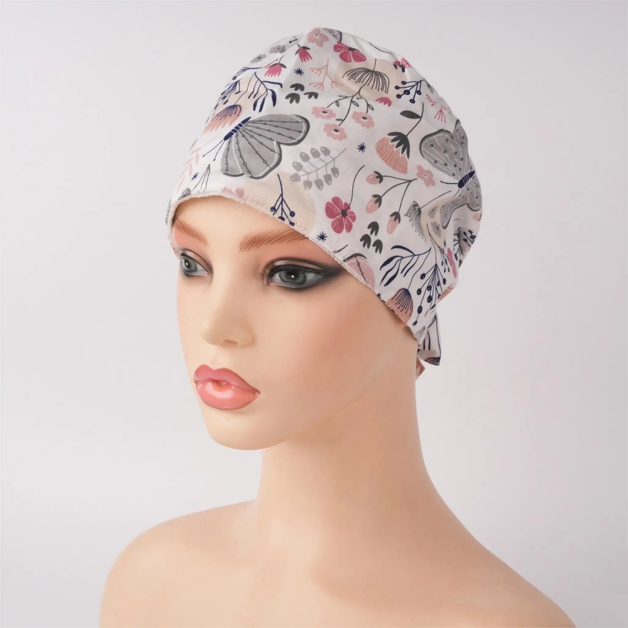 Pink Gray Butterfly Tie Back Scrub Cap