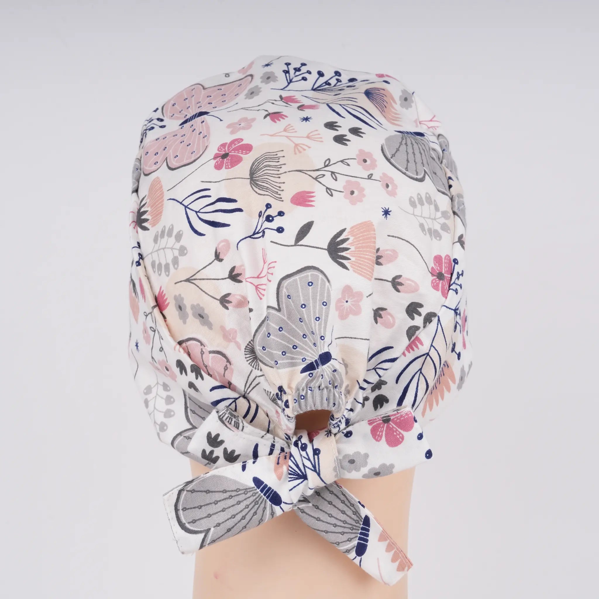 Pink Gray Butterfly Tie Back Scrub Cap
