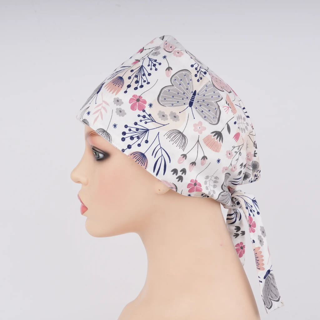 Pink Gray Butterfly Tie Back Scrub Cap