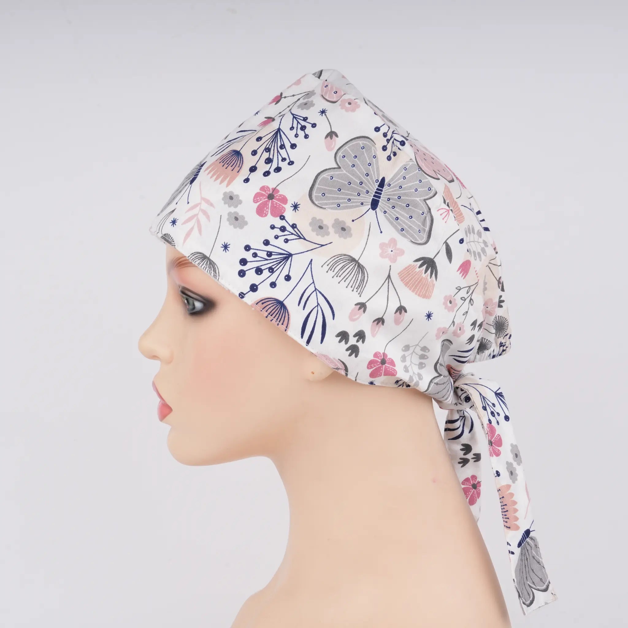 Pink Gray Butterfly Tie Back Scrub Cap