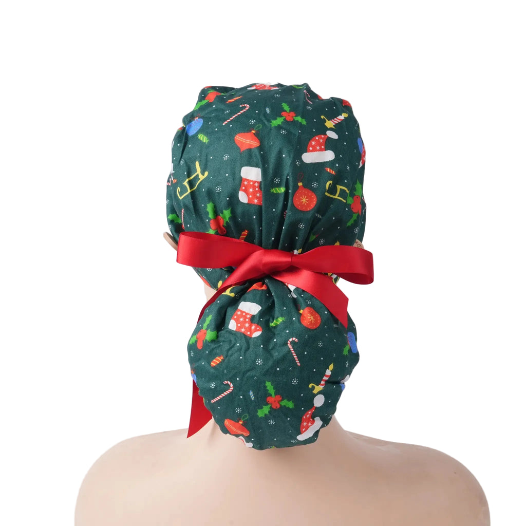 Green Christmas Ponytail Scrub Cap