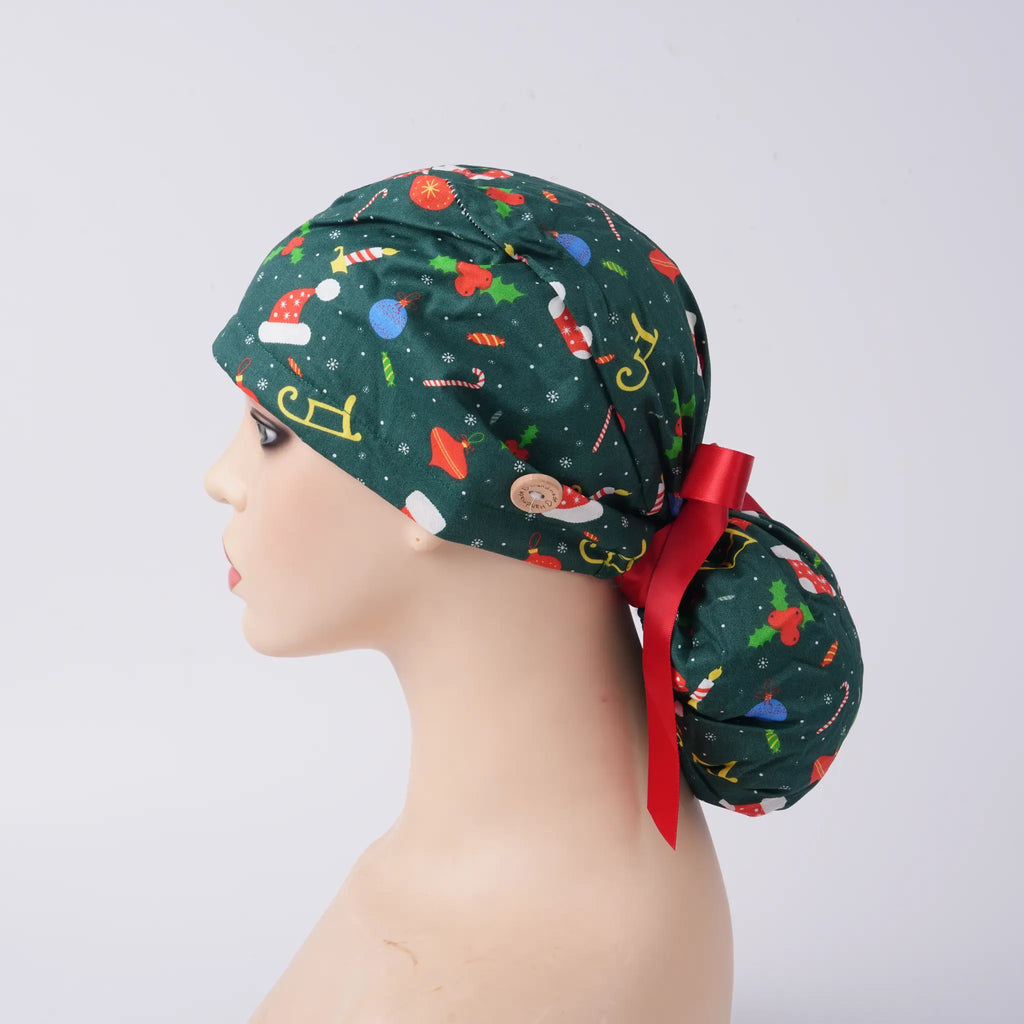 Green Christmas Ponytail Scrub Cap