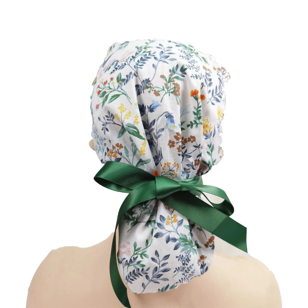 Green Floral Ponytail Scrub Cap