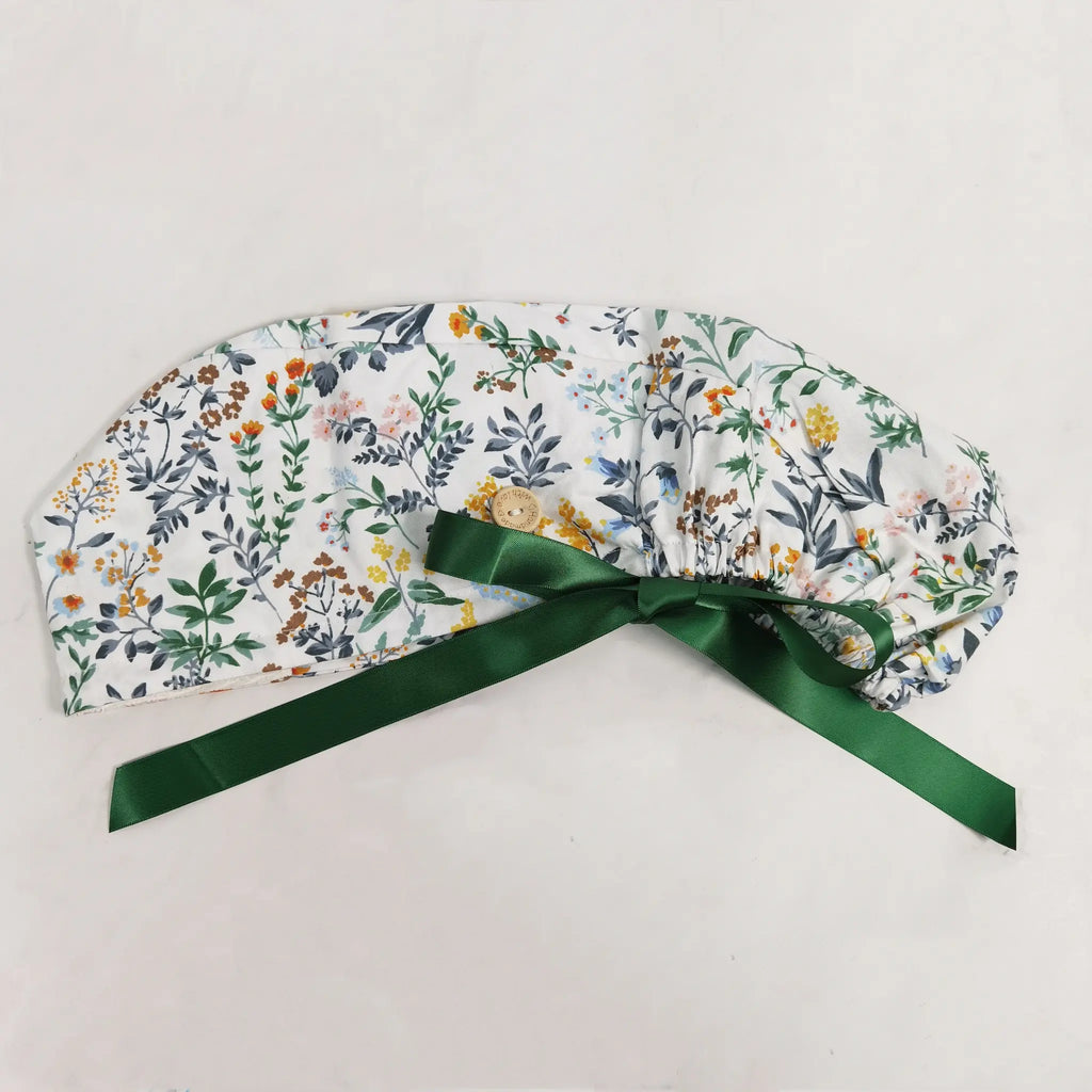 Green Floral Ponytail Scrub Cap