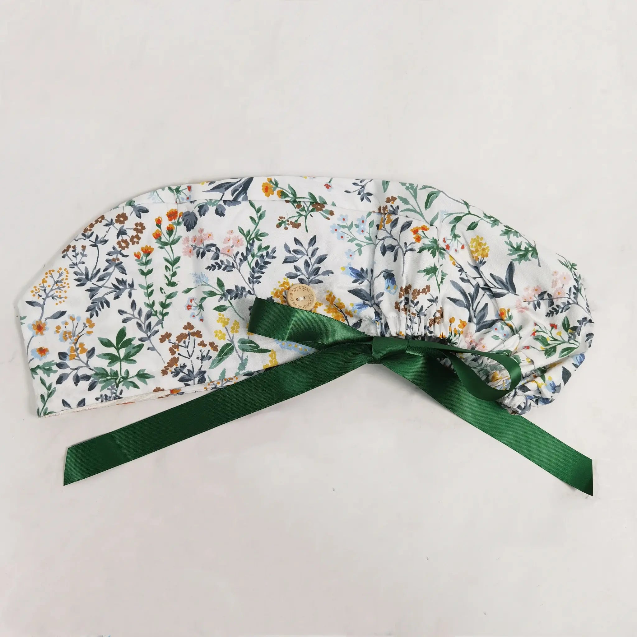 Green Floral Ponytail Scrub Cap