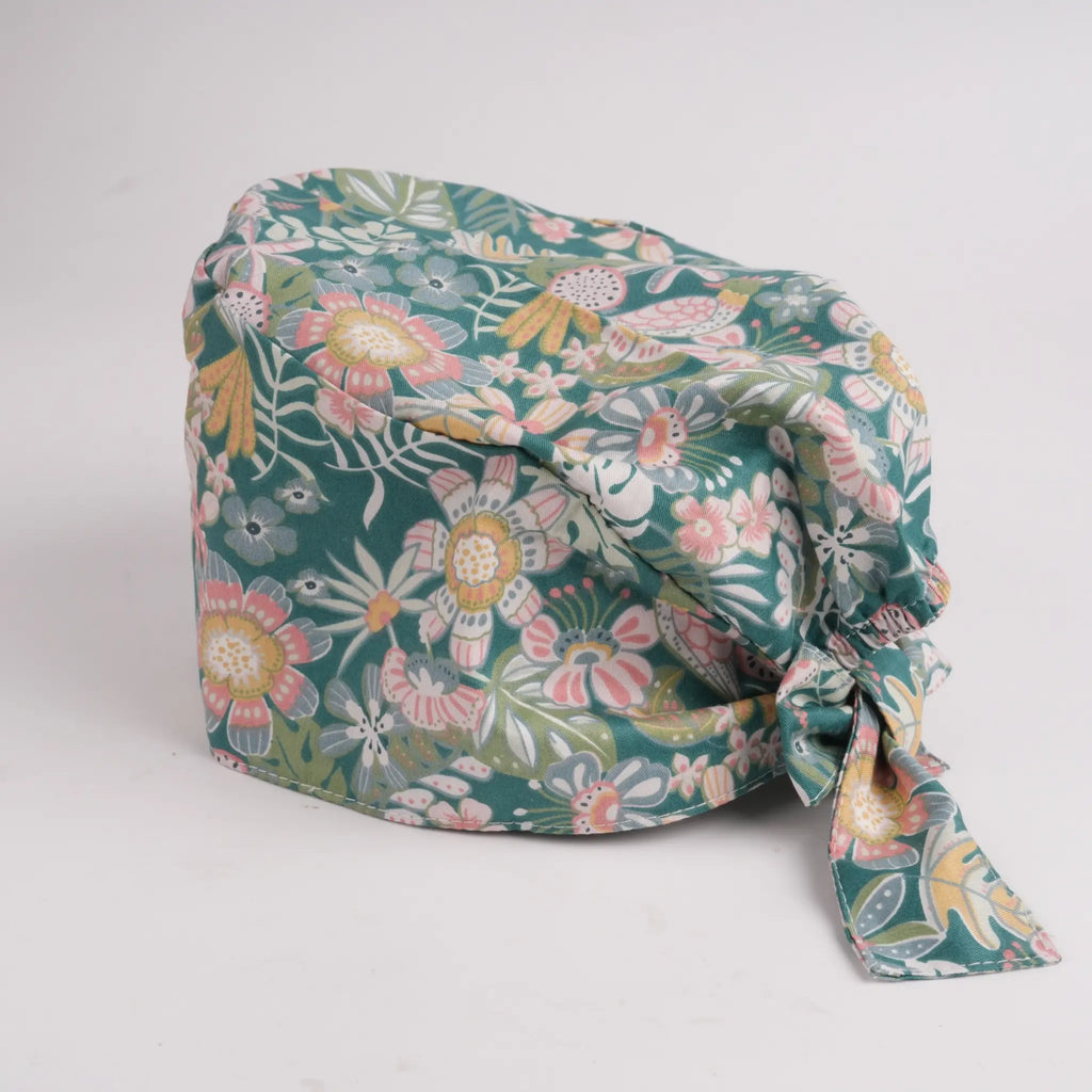 Green Floral Tie Back Scrub Cap