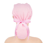 A light pink ponytail cap with light pink ribbon tail tied in a bow, shown on a mannequin head from the back.