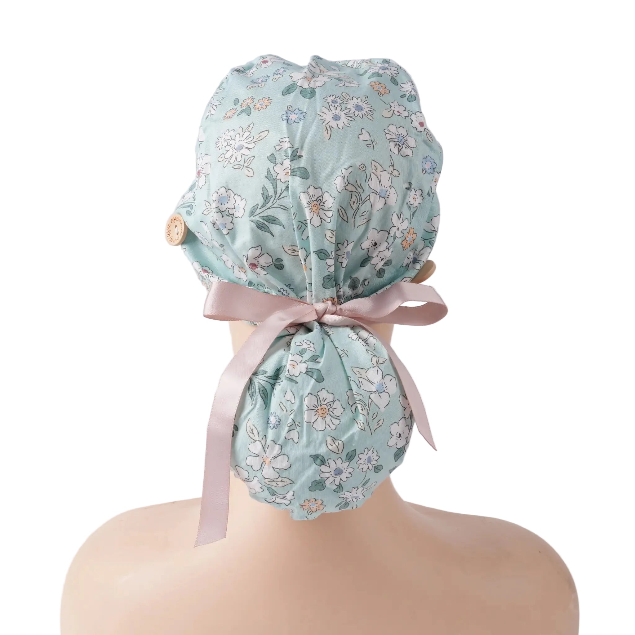 Mint Green Flower Ponytail Scrub Cap