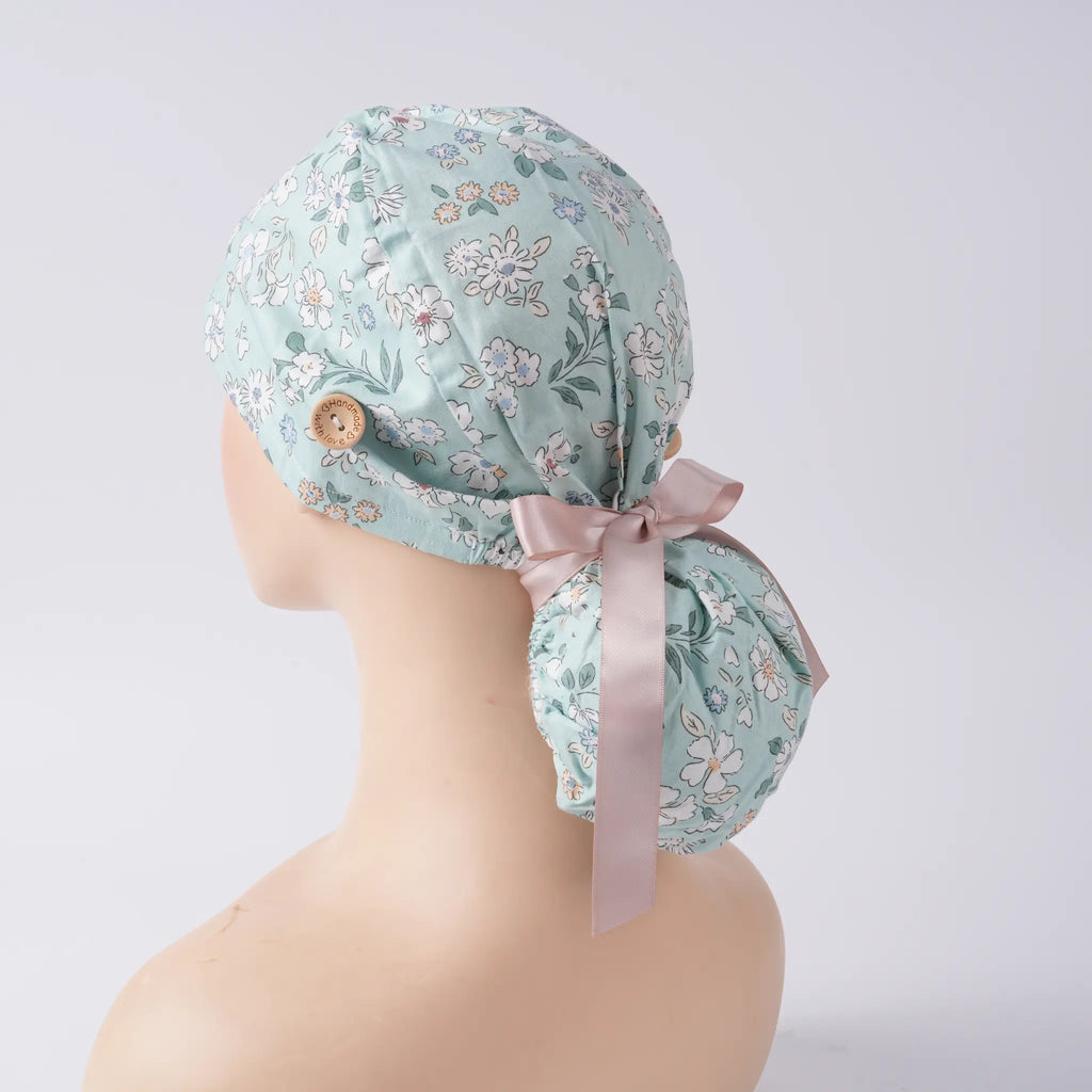 Mint Green Flower Ponytail Scrub Cap