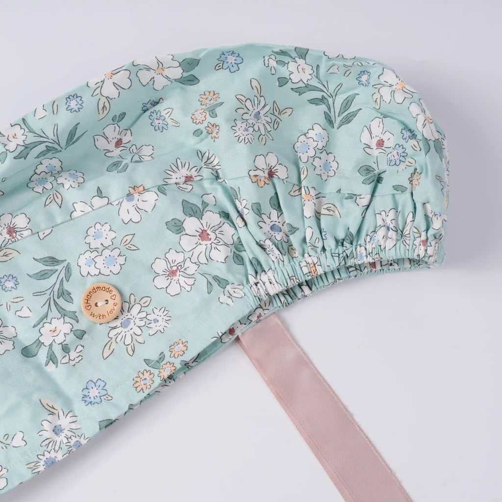 Mint Green Flower Ponytail Scrub Cap
