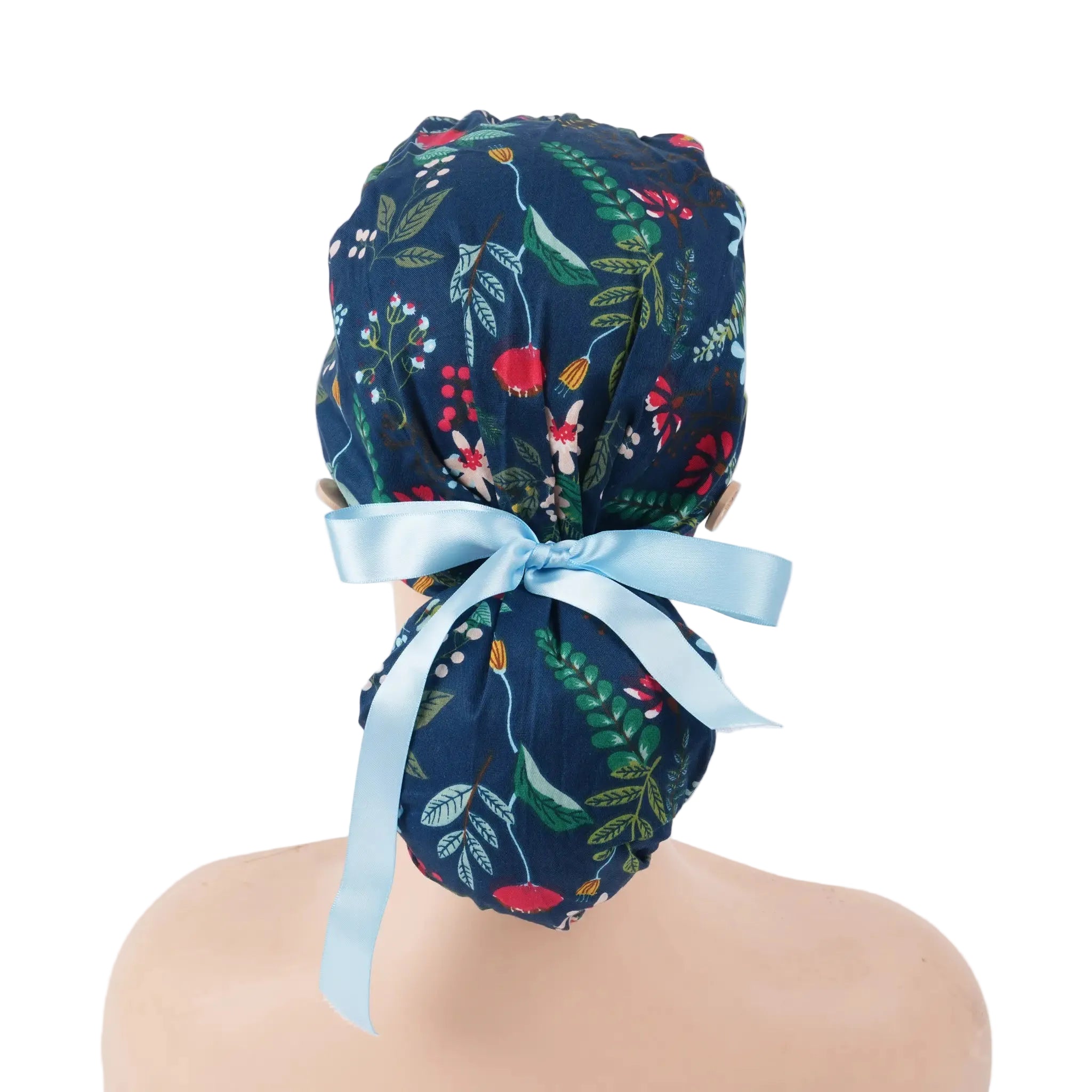 Navy Floral Ponytail Scrub Cap