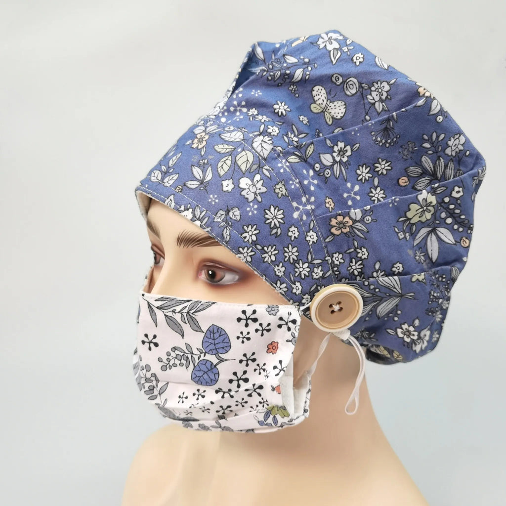 Navy Floral Bouffant Scrub Cap