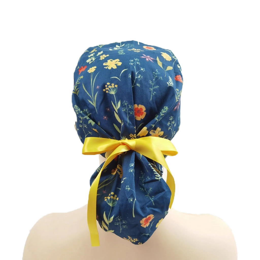 Navy Botanical Ponytail Scrub Cap