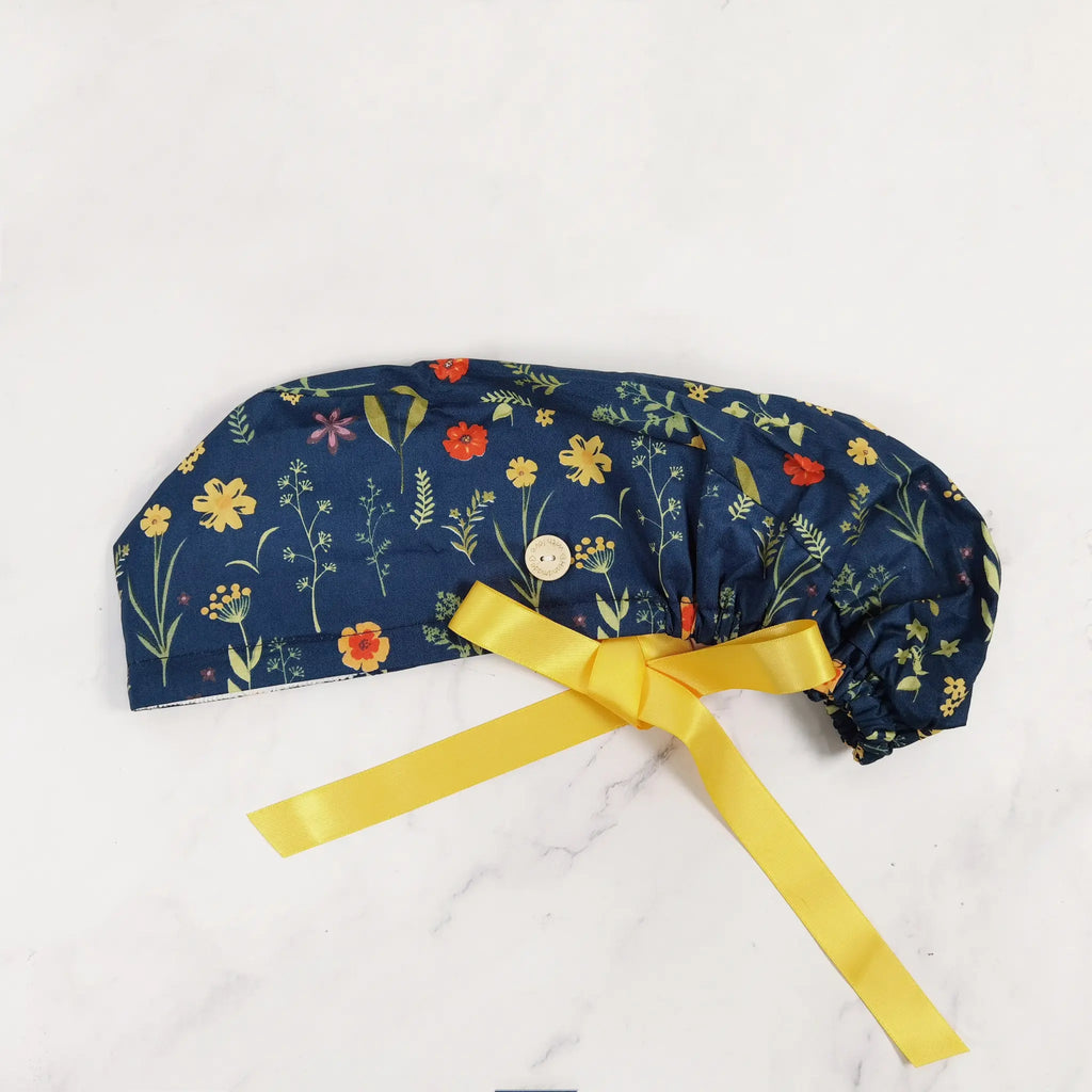 Navy Botanical Ponytail Scrub Cap