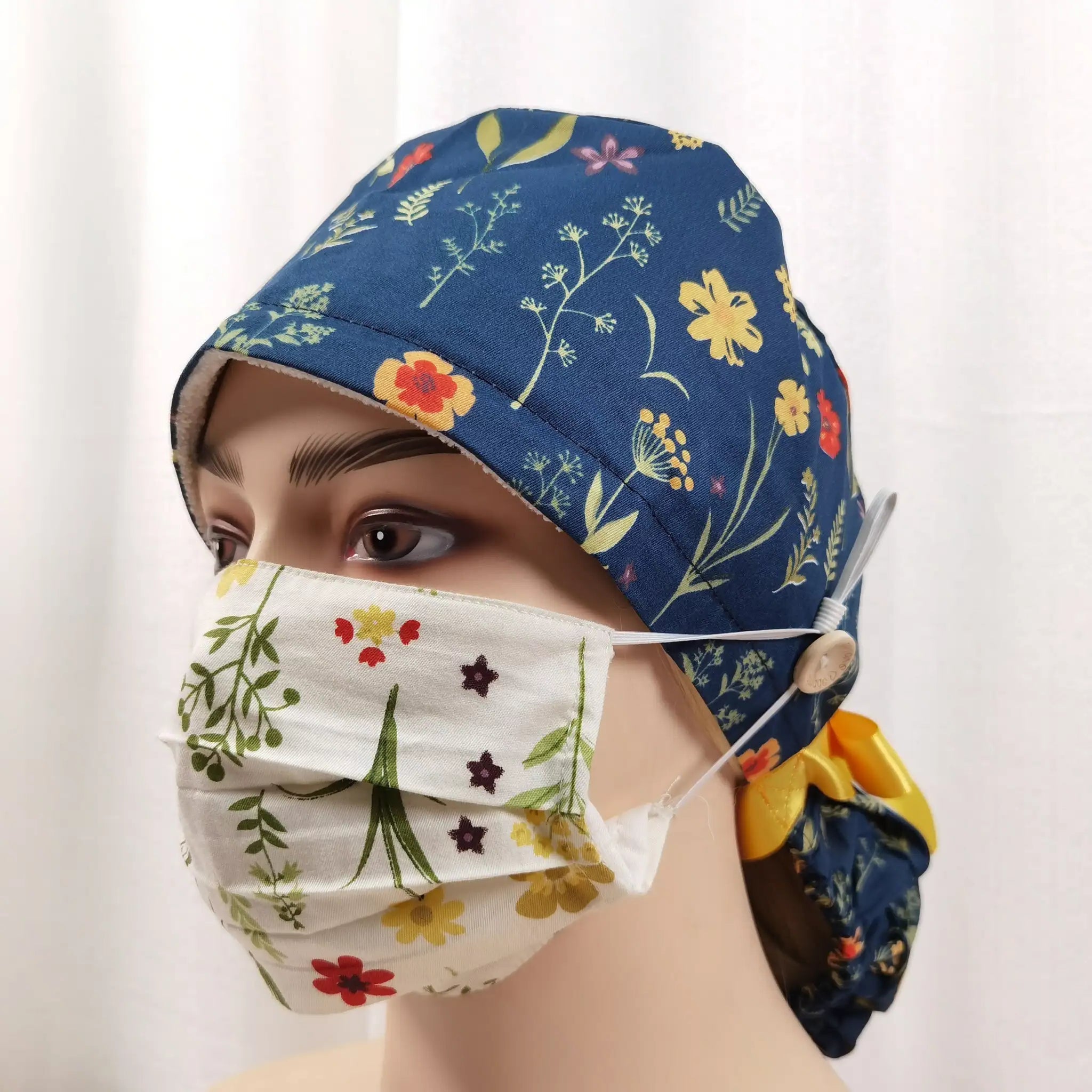 Navy Botanical Ponytail Scrub Cap