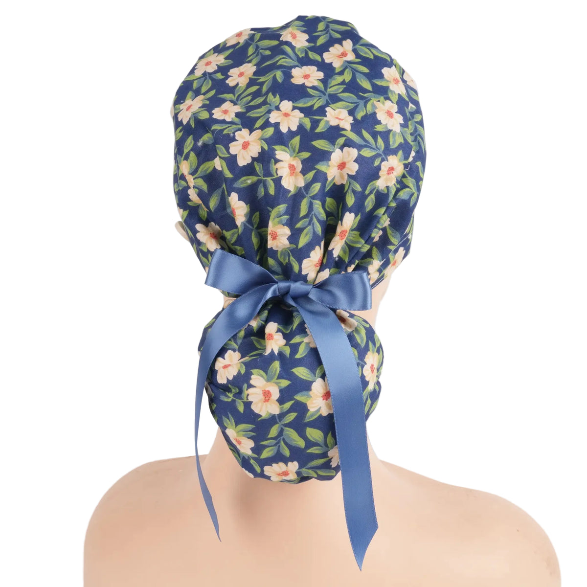 Navy Yellow Florals Ponytail Scrub Cap